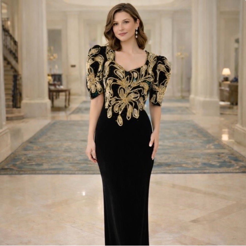 VTG Showtime Black Velvet Evening Gown Size 6 Gold Beaded Bodice Puff Sleeve 80s